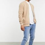 Beige Ribbed Fabric Jersey Bomber jacket