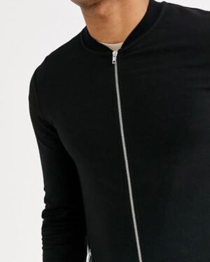 Black Muscle Longline Jersey Bomber jacket with Silver Zip Pockets
