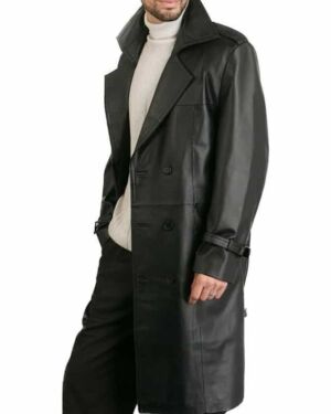 Augusta Double Breasted Black Lambskin Trench Leather Overcoat Mens