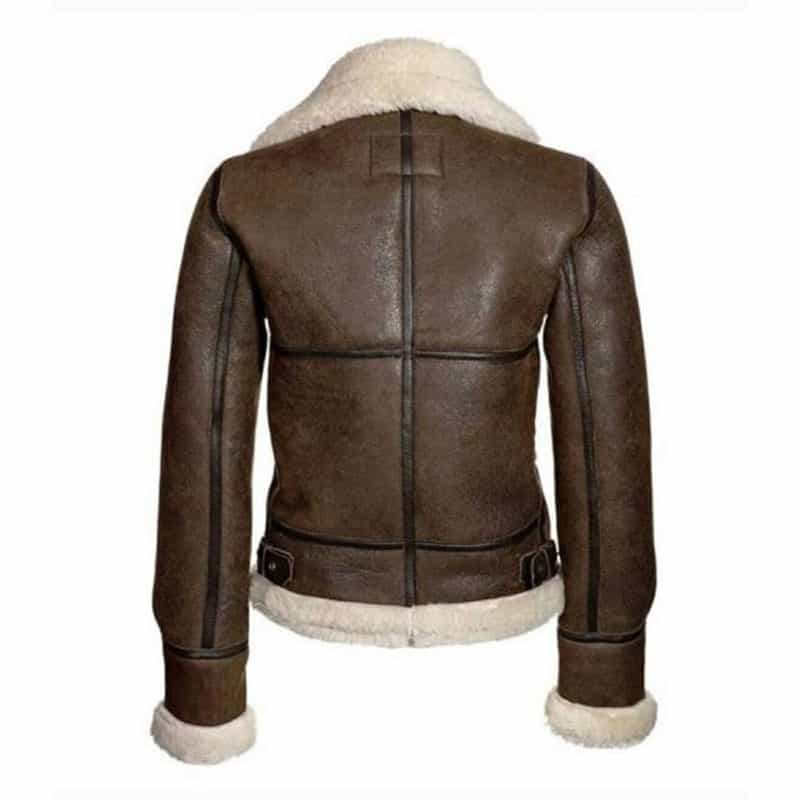 B3 Bomber Distressed Brown Aviator, Shearling Sheepskin Motorcycle Women Leather jacket With Faux Fur