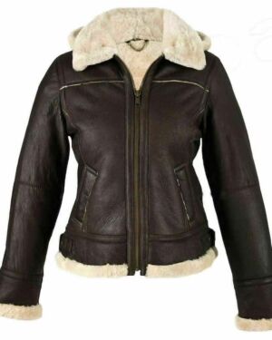 B3 Bomber, RAF Aviator Flying Collar, Brown Shearling Womens Leather jacket, Real Leather with Faux Fur