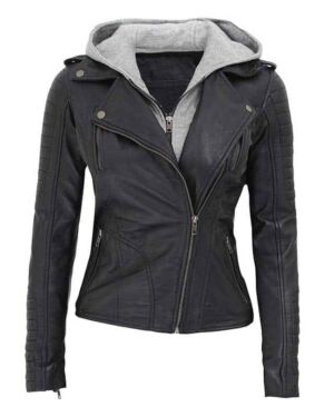 Bagheria Womens Black Hooded Leather jacket