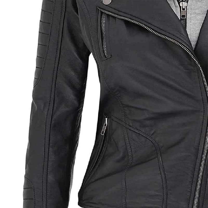 Bagheria Womens Black Hooded Leather jacket
