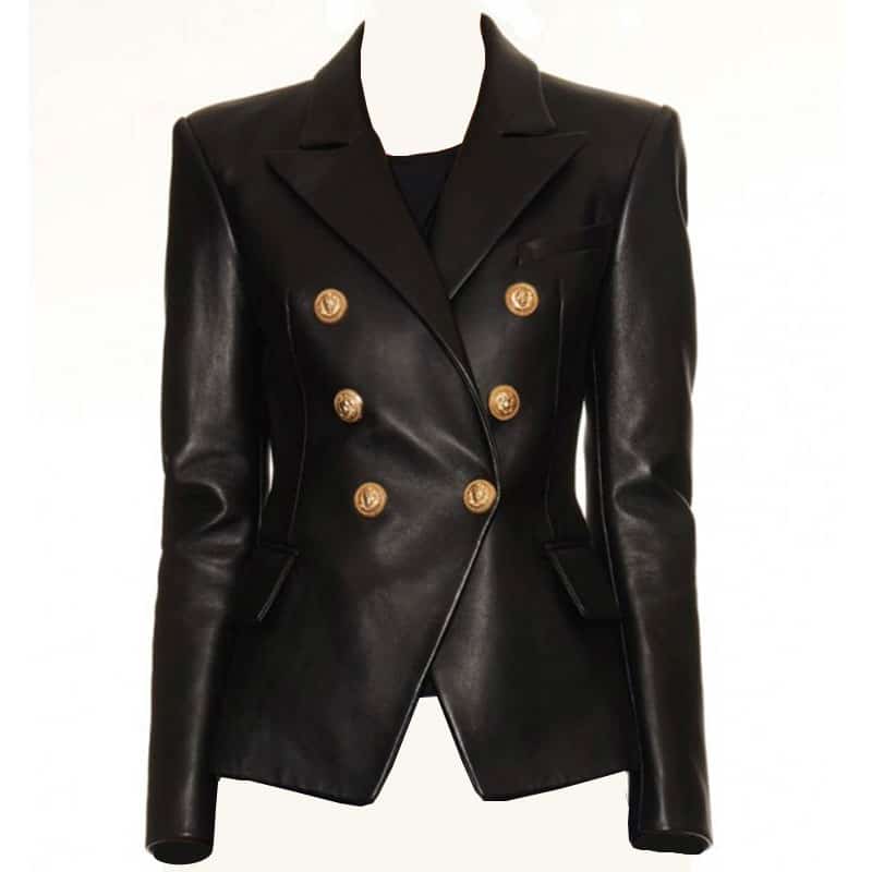 Black Double Breasted Kim Kardashian Leather jacket Blazer