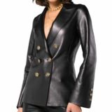 Black Double-breasted Leather Blazer For Women