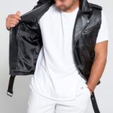 Black Elite Motorcycle Leather Fabric Vest For Mens
