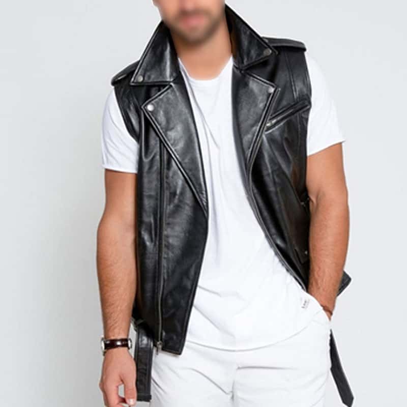 Black Elite Motorcycle Leather Fabric Vest For Mens