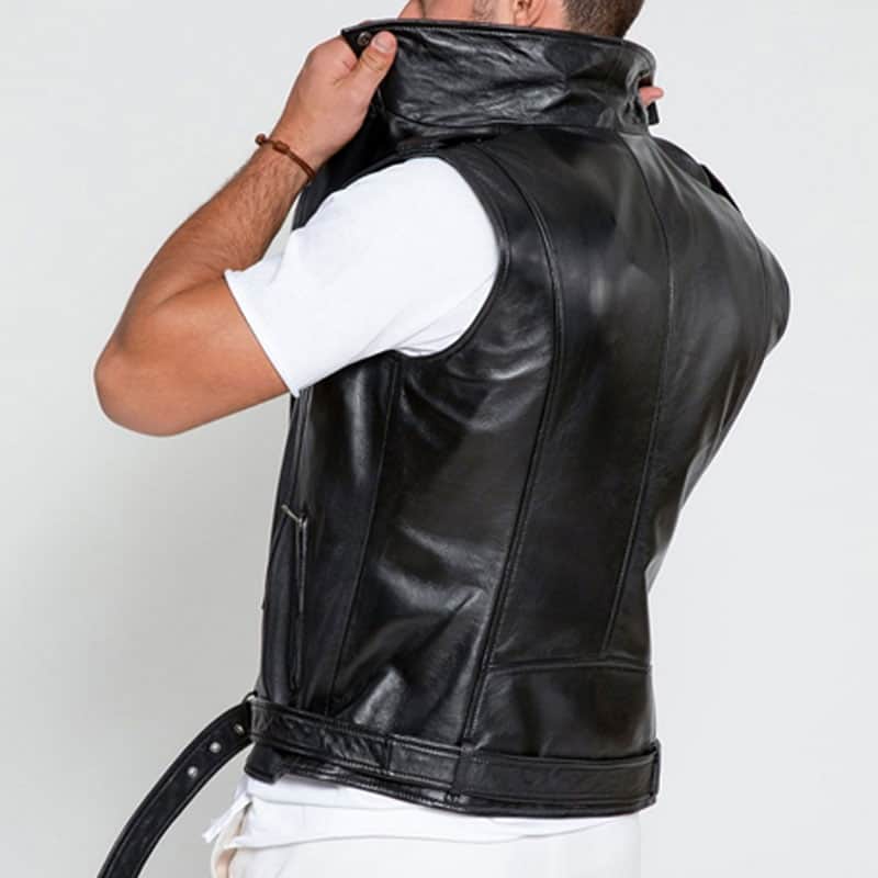 Black Elite Motorcycle Leather Fabric Vest For Mens