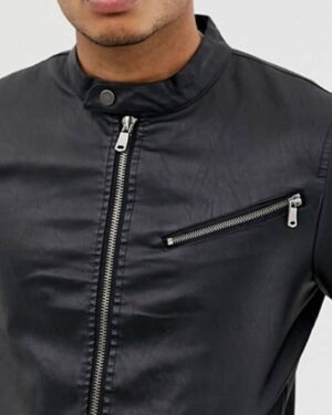 Black Leather Racer jacket with Zipper Detail