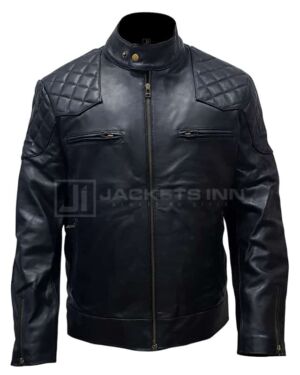 Black Stand Collar Real Leather Biker jacket