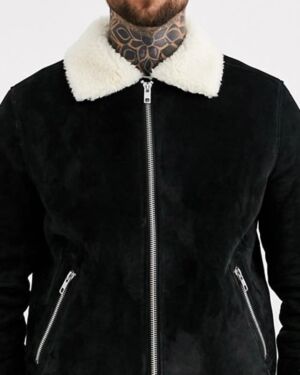Black Suede Leather Flight jacket With Ecru Fur