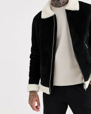 Black Suede Leather Flight jacket With Ecru Fur