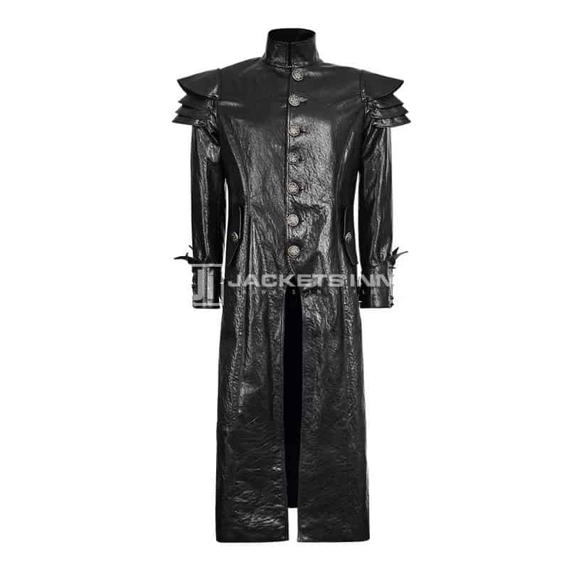 Black Synthetic Leather Long Trench Coat For Men’s