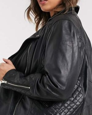 Black leather Biker jacket With Quilted Sleeve