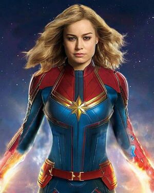 Brie Larson Captain Marvel Red & Blue leather jacket