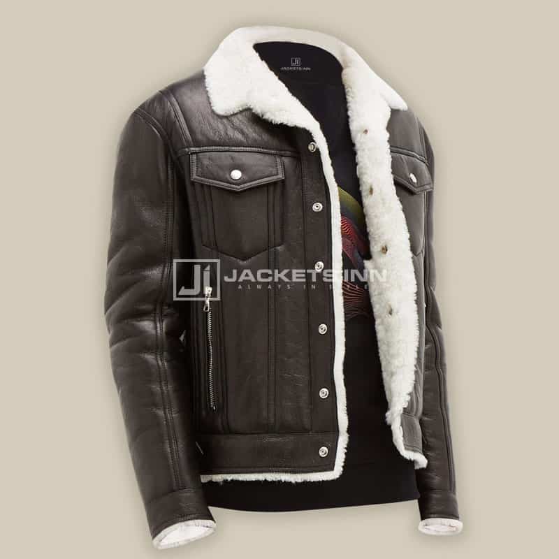 Contemporary Shearling Black Color Leather Fabric Streetstyle jacket For Mens