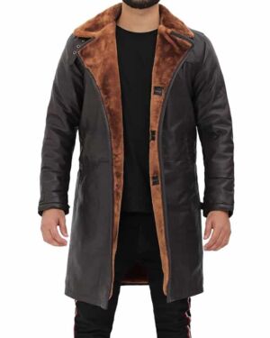 Dark Brown Leather Winter 34 Length Shearling Coat Mens