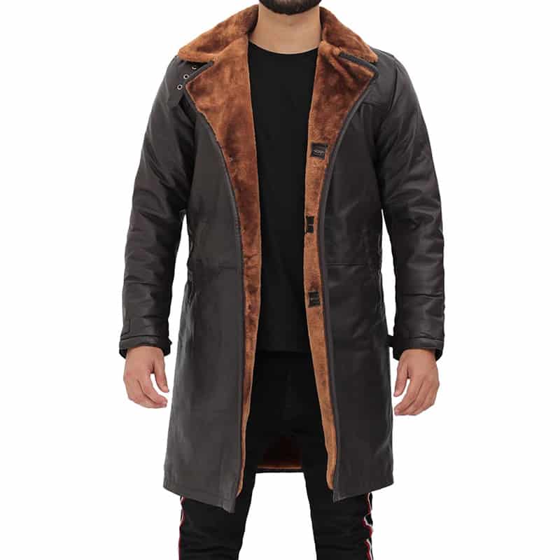 Dark Brown Leather Winter 3/4 Length Shearling Coat Mens - Jacketsinn