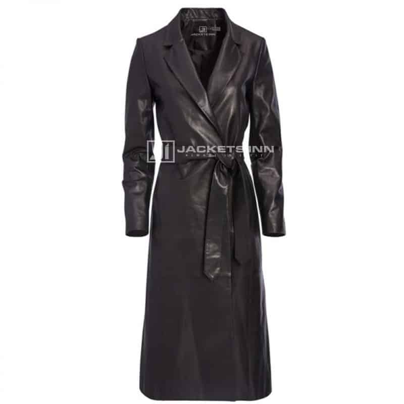 Elegant Black Leather Wrap Coat For Women