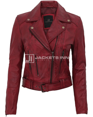 Elisa Women Maroon Asymmetrical Leather jacket