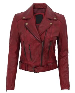 Elisa Womens Maroon Leather Motorcycle jacket