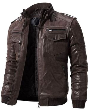 FLAVOR Men Biker Retro Brown Leather Motorcycle Jacket Genuine Leather Jacket 1 Thegem Product Justified Portrait S