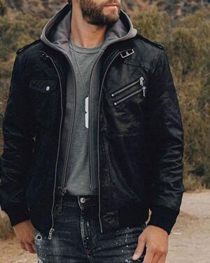 FLAVOR Men Brown Leather Motorcycle jacket with Removable Hood
