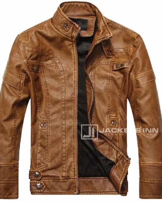Fancy Stand Collar Slim Biker Brown Leather Fabric Jacket In Mens 1 Thegem Product Catalog
