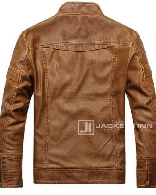 Fancy Stand Collar Slim Biker Brown Leather Fabric Jacket In Mens 2 Thegem Product Catalog