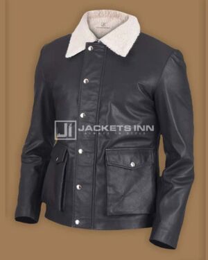 Fashionable Shearling Black Trendy Leather Silver Snap Tab Button Men’s jacket