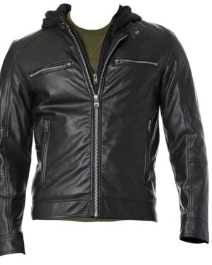 GUESS Men’s Faux Leather Hooded Moto jacket