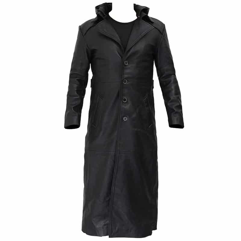 Gravel Mens Black Long Leather Hooded Coat