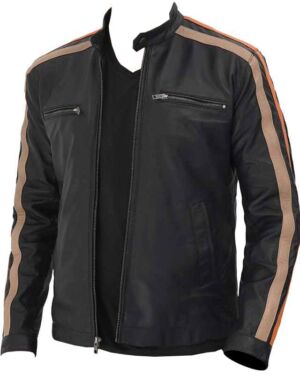 Harland Stripe Black Leather Cafe Racer Style jacket for Men