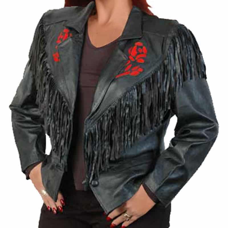 Janice Ladies Fringe Lambskin jacket with Red Rose and Buttons