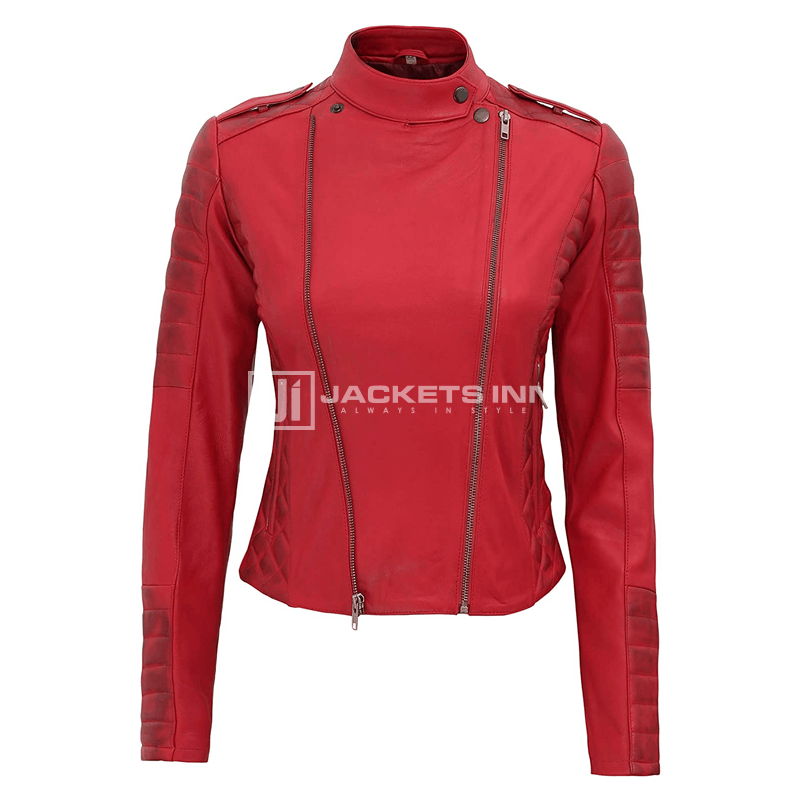 Jannie Red Asymmetrical Padded Leather jacket