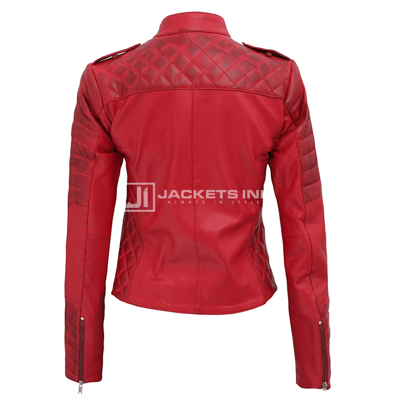 Jannie Red Asymmetrical Padded Leather jacket