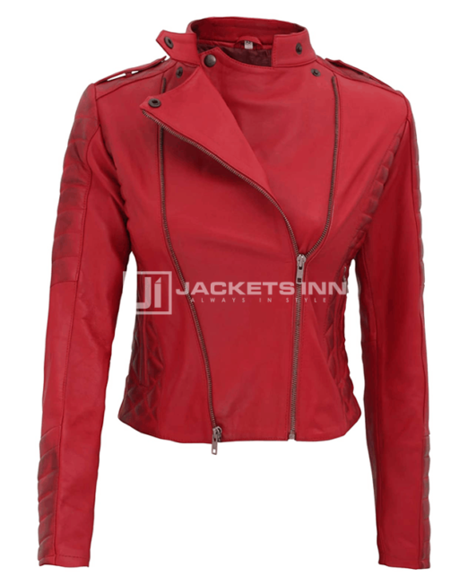Jannie Red Asymmetrical Padded Leather Jacket 3 Thegem Product Catalog