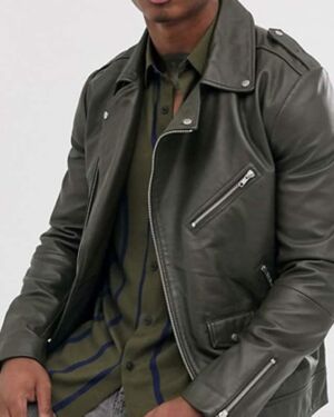 Khaki Biker Leather jacket for Men