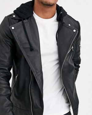 Leather jacket in Black with Jersey Hood