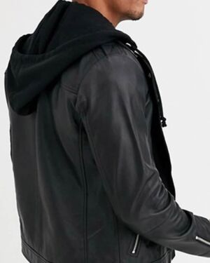 Leather jacket in Black with Jersey Hood