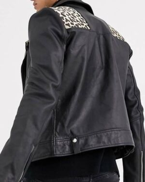 Leopard Yoke Black Biker Leather jacket