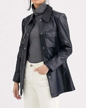 Longline Women Leather jacket In Navy