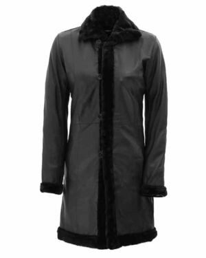 Maura Black Leather Long Shearling Coat Womens