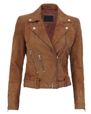 Melanie Womens Brown Suede Leather Biker jacket