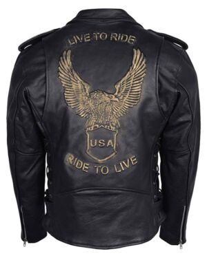 Men’s Eagle Embossed Live To Ride – Ride To Live Classic Black Leather Motorcycle Biker jacket
