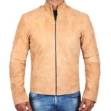 Mens Tan Front Zipper Suede Leather jacket With Mandarin Collar
