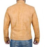 Mens Tan Front Zipper Suede Leather jacket With Mandarin Collar