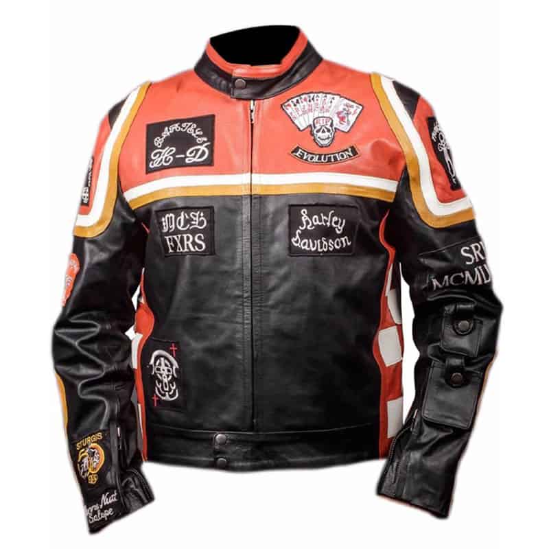 Mickey Mens Black & Orange Leather Motorcycle jacket