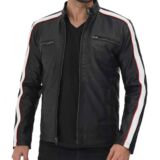 Mueller Black and White Stripe Leather Cafe Racer jacket for Men