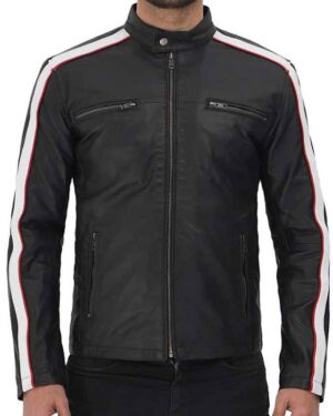 Mueller Black and White Stripe Leather Cafe Racer jacket for Men